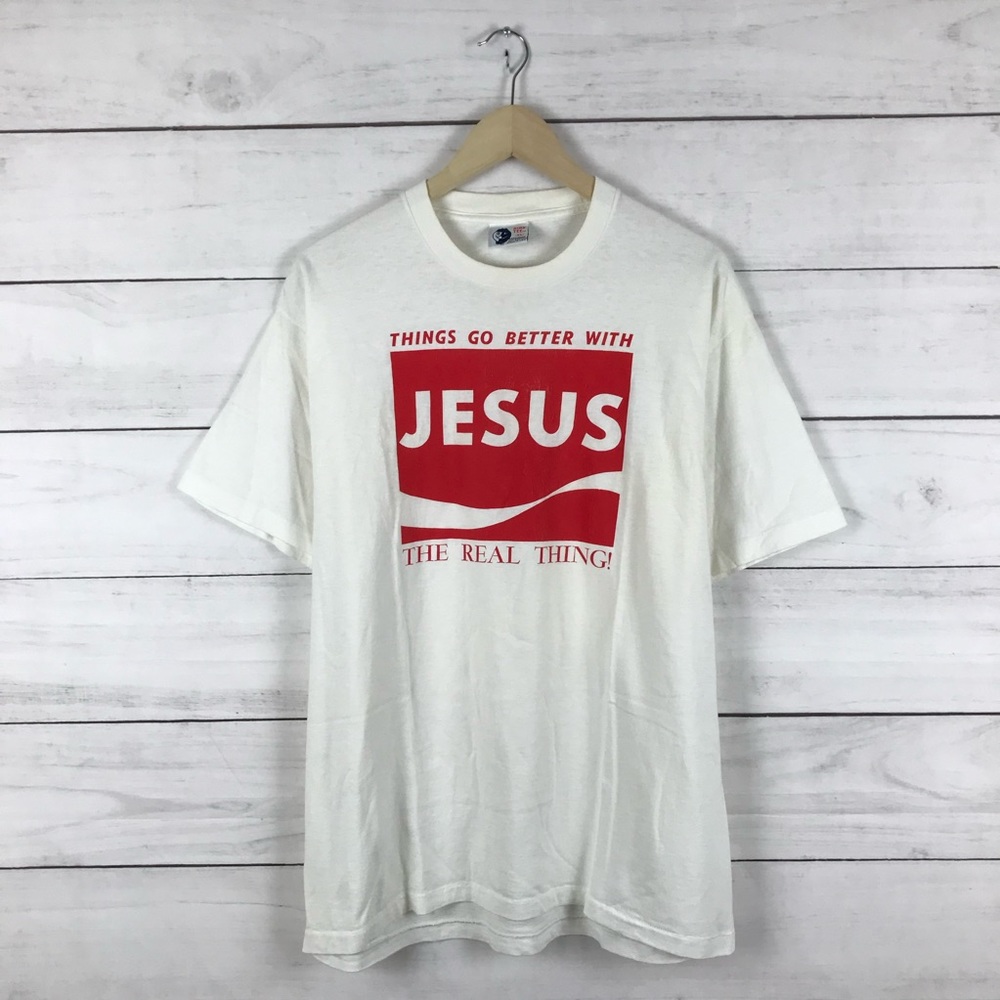 Vintage White Short Sleeve Tee with Red Jesus Graphic
